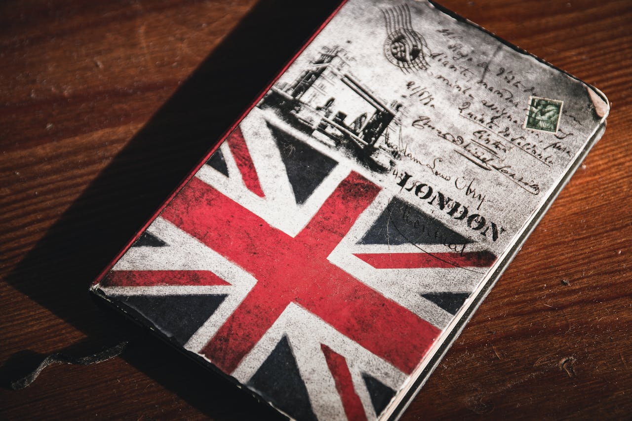 A close-up of a vintage notebook featuring the Union Jack and London postcard imagery on a wooden table.